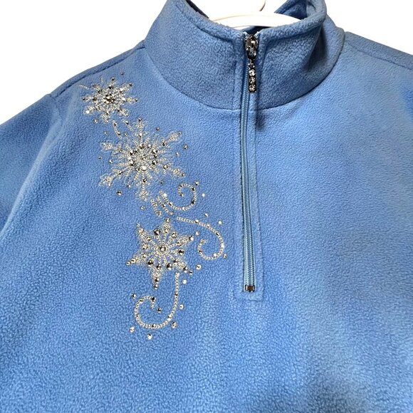 Quacker Factory XL Blue Fleece Pullover Rhinestone Snowflake Design Quarter Zip - Picture 2 of 12